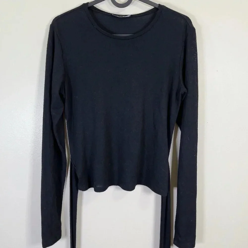 Zara Soft Ribbed Tie Waist Crew Neck Sweater